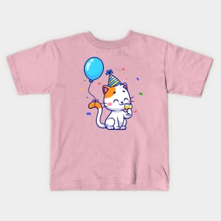 Cute Cat Birthday Party With Balloon Cartoon Kids T-Shirt